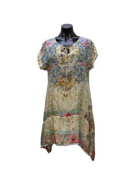 Johnny Was Silk Floral Tunic Dress Multicolor Handkerchief Hem Size S